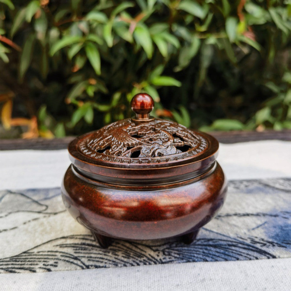 Reddish-brown incense burner with carved openwork lid, elegant vintage finish | DIY Jade