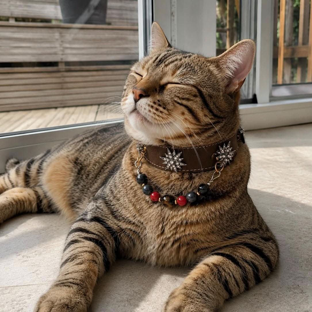 leepy tabby cat portrait wearing vintage star gem and polished jade bead pet collar | DIY Jade