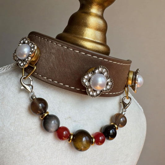 Mannequin bust showing dark brown pet collar with pearls and mixed earthy jade beads | DIY Jade