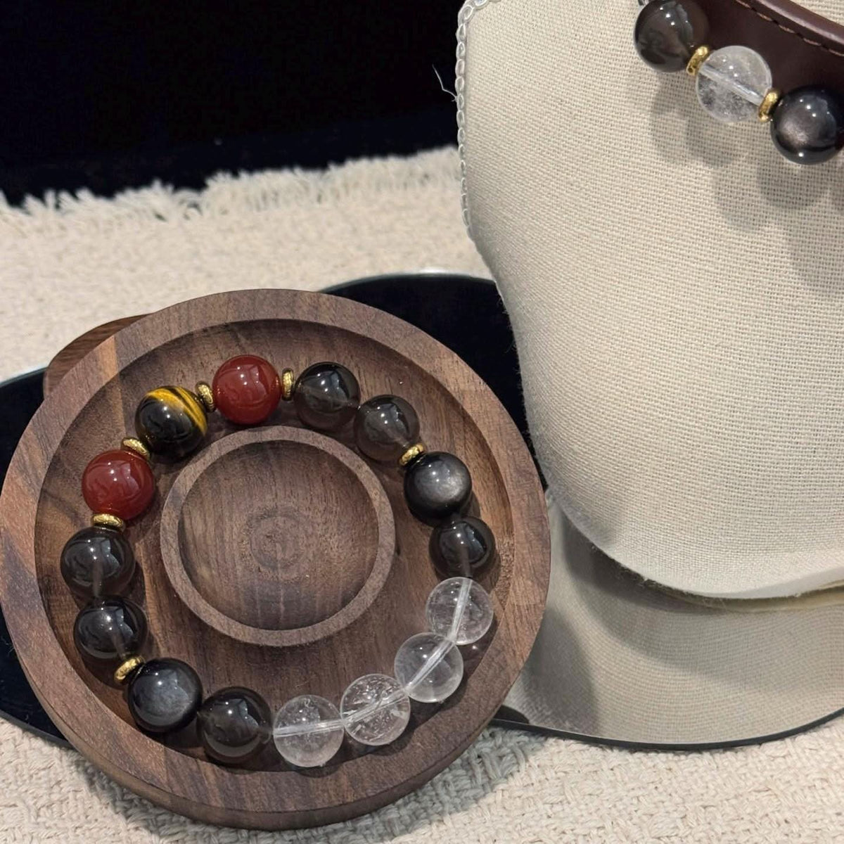 Retro style pet collar and matching bead bracelet set laid on wooden tray | DIY Jade