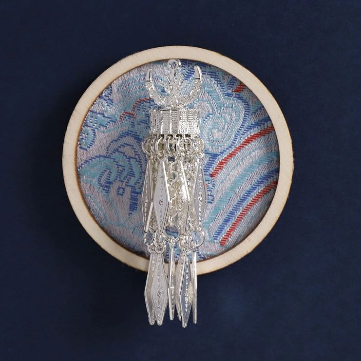 Round wood fridge magnet, blue tie‑dye fabric, hanging Miao silver tassel decor