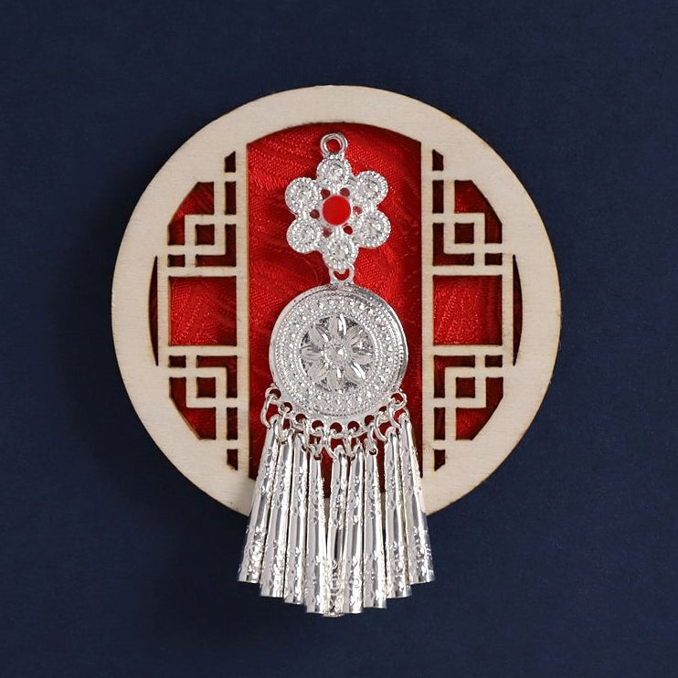Round red Chinese lattice fridge magnet, floral brocade with Miao silver pendant tassel
