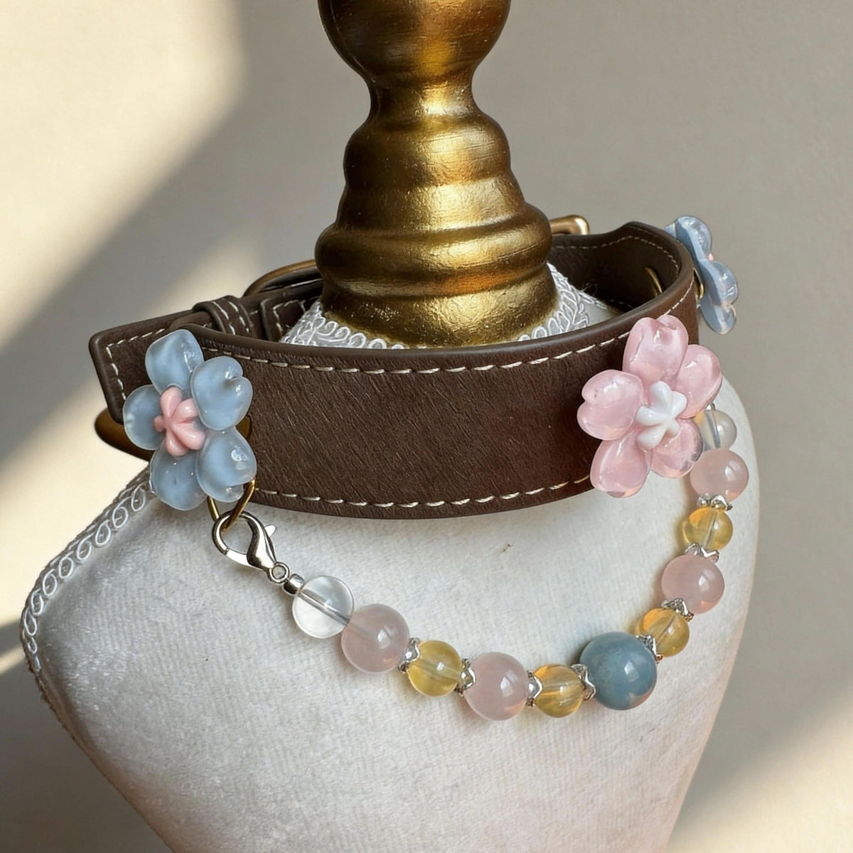 Side view of brown leather pet collar with pink flower and pastel jade beads | DIY Jade