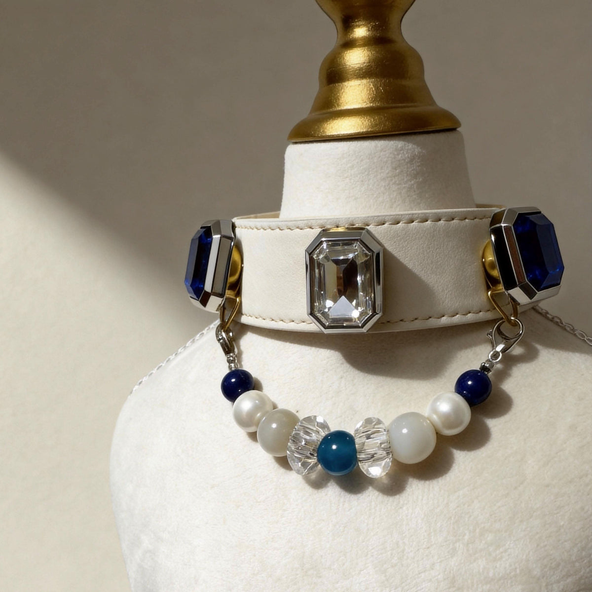 White leather pet collar decorated with blue jade and pearl beads on bust | DIY Jade