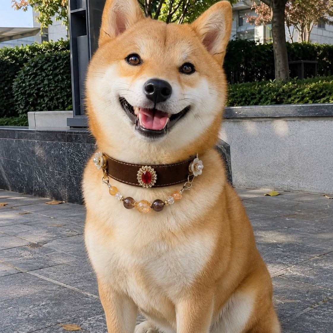 Shiba Inu portrait with decorative gem pet collar in bright outdoor daylight | DIY Jade