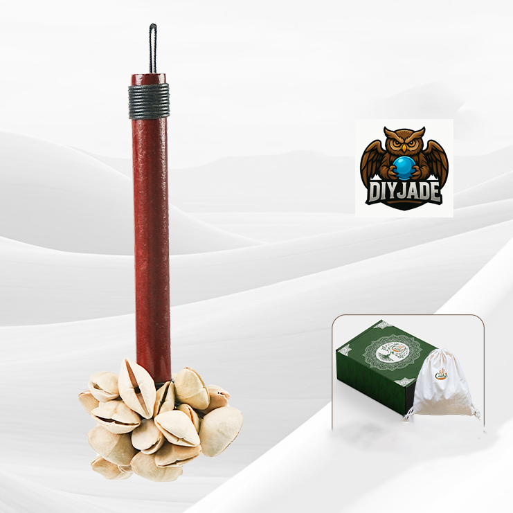 Short red pole pale seed pod chime, grey background studio product photograph | DIY Jade