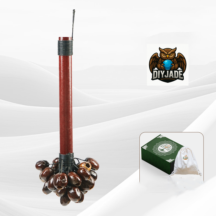 Short red pole chime with tiny round seed pods, mini natural nutshell ornament | DIY Jade