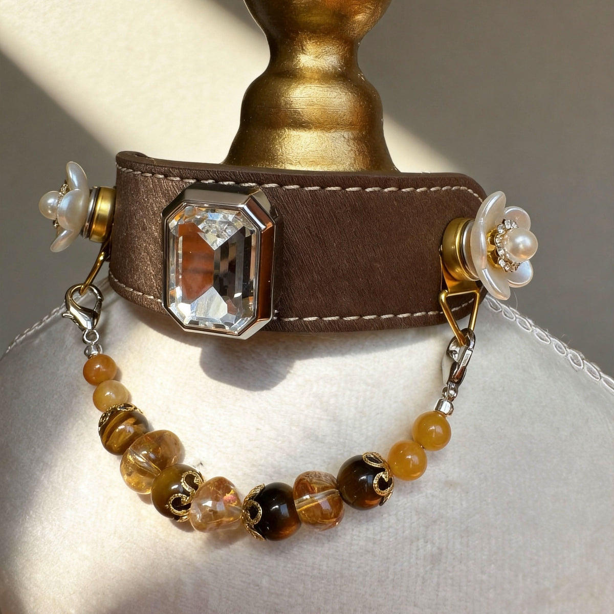 Side shot of brown leather pet collar with flower charms and round amber jade beads | DIY Jade