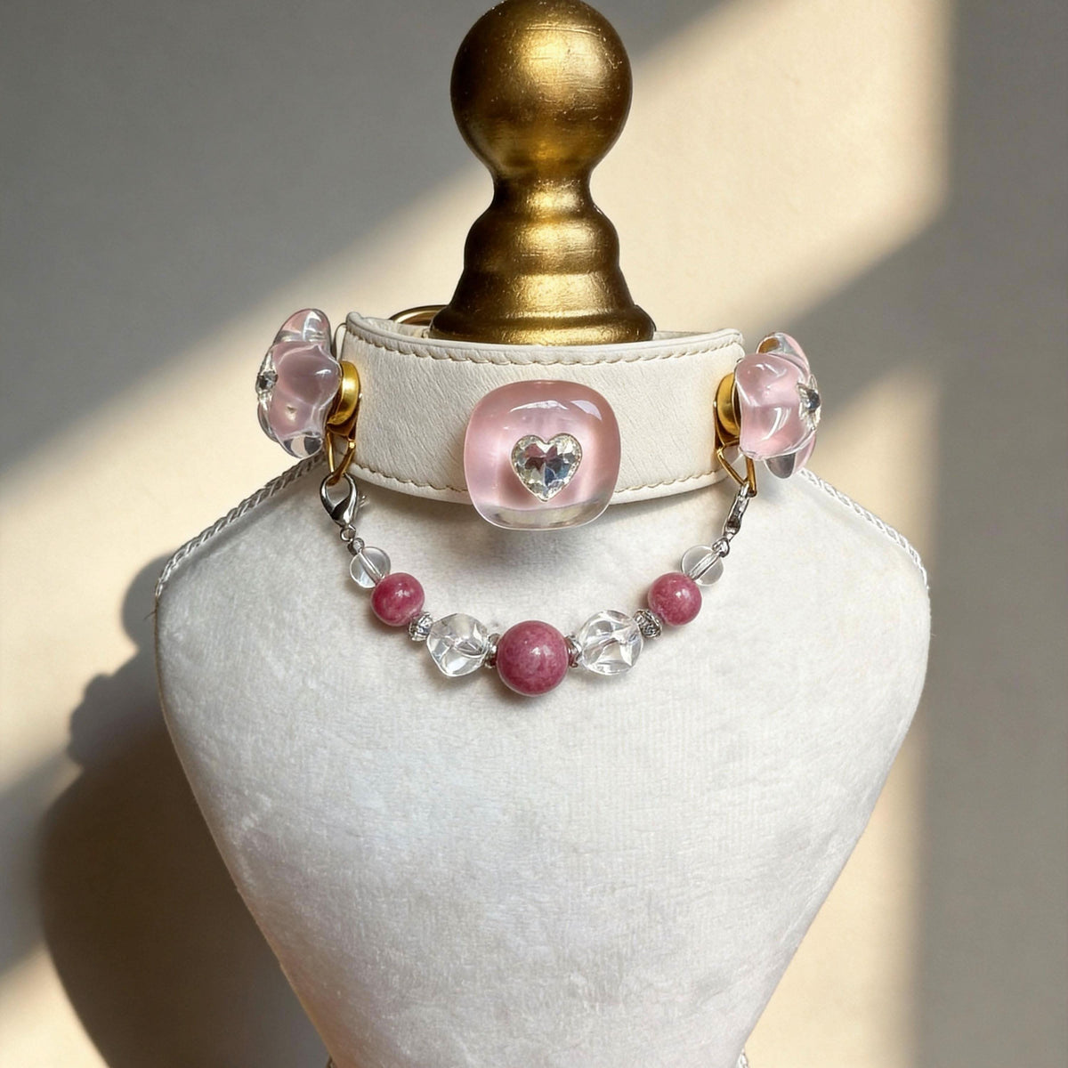 Side view of white leather pet collar with heart crystal and round pink jade beads | DIY Jade