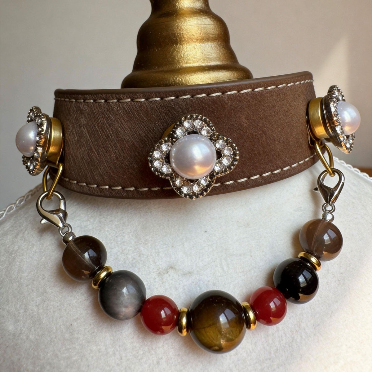 Side view of antique brown leather pet collar with pearls and multi-tone jade beads | DIY Jade
