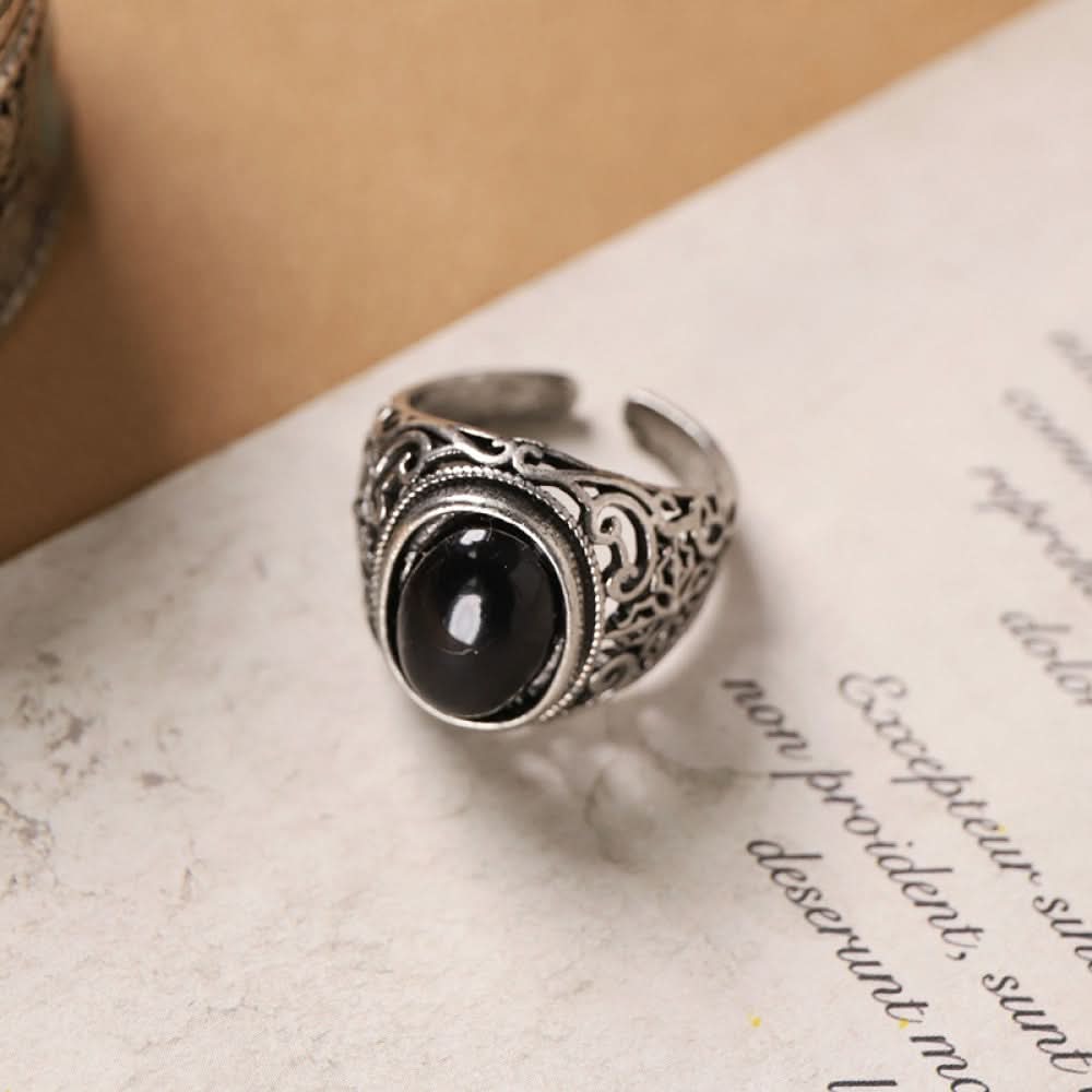 Silver ring black agate geometric inlay silver color | DIY Jade