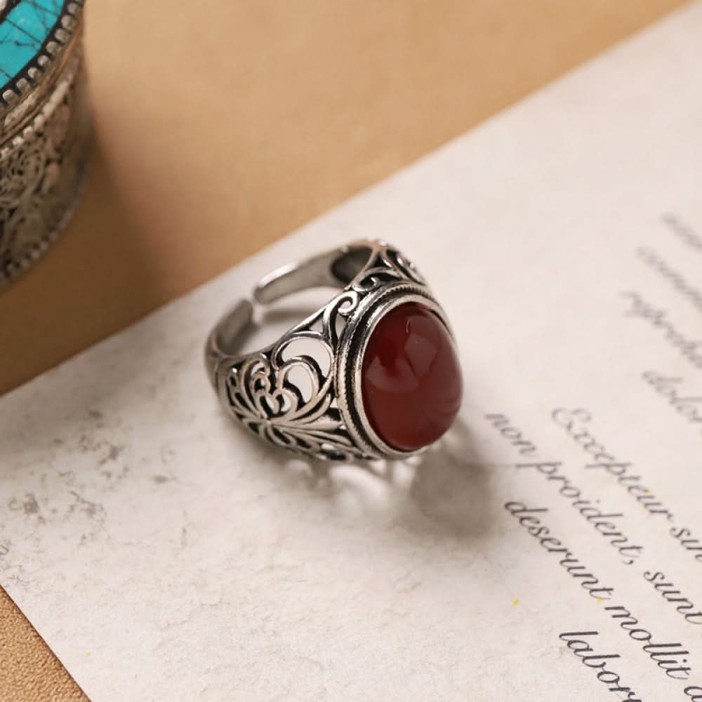 Silver ring red agate square inlay silver color | DIY Jade