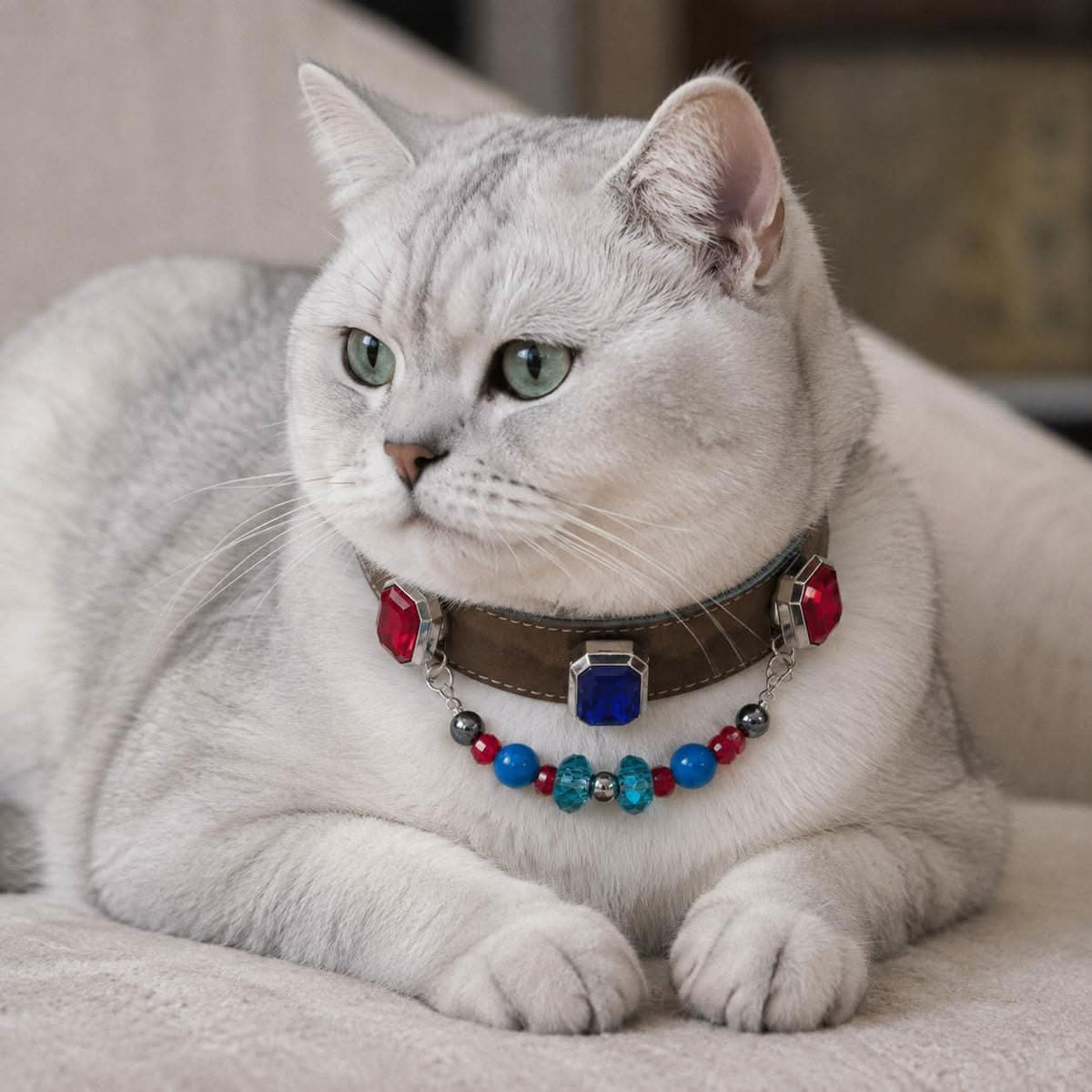 Silver british shorthair cat wearing brown pet collar with red‑blue gems and colorful bead chain indoor | DIY Jade