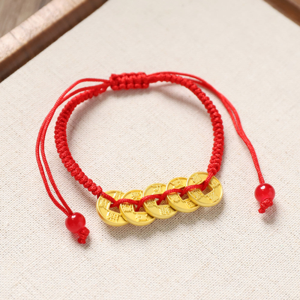 Red string bracelet with six gold coin beads, adjustable design | DIY Jade