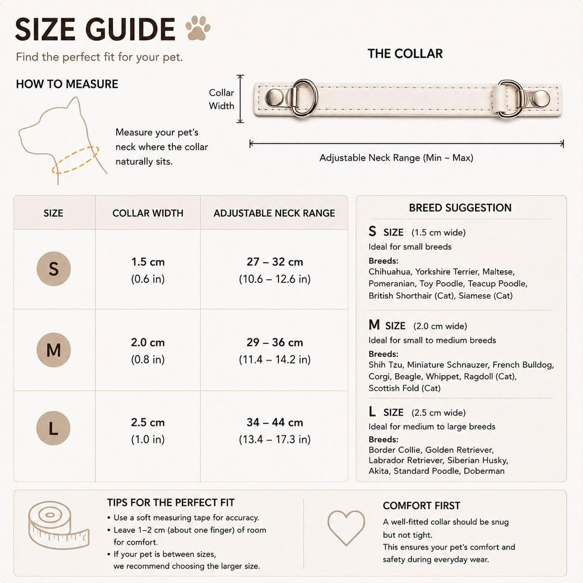 Pet collar size measurement chart and product specification info graphic | DIY Jade