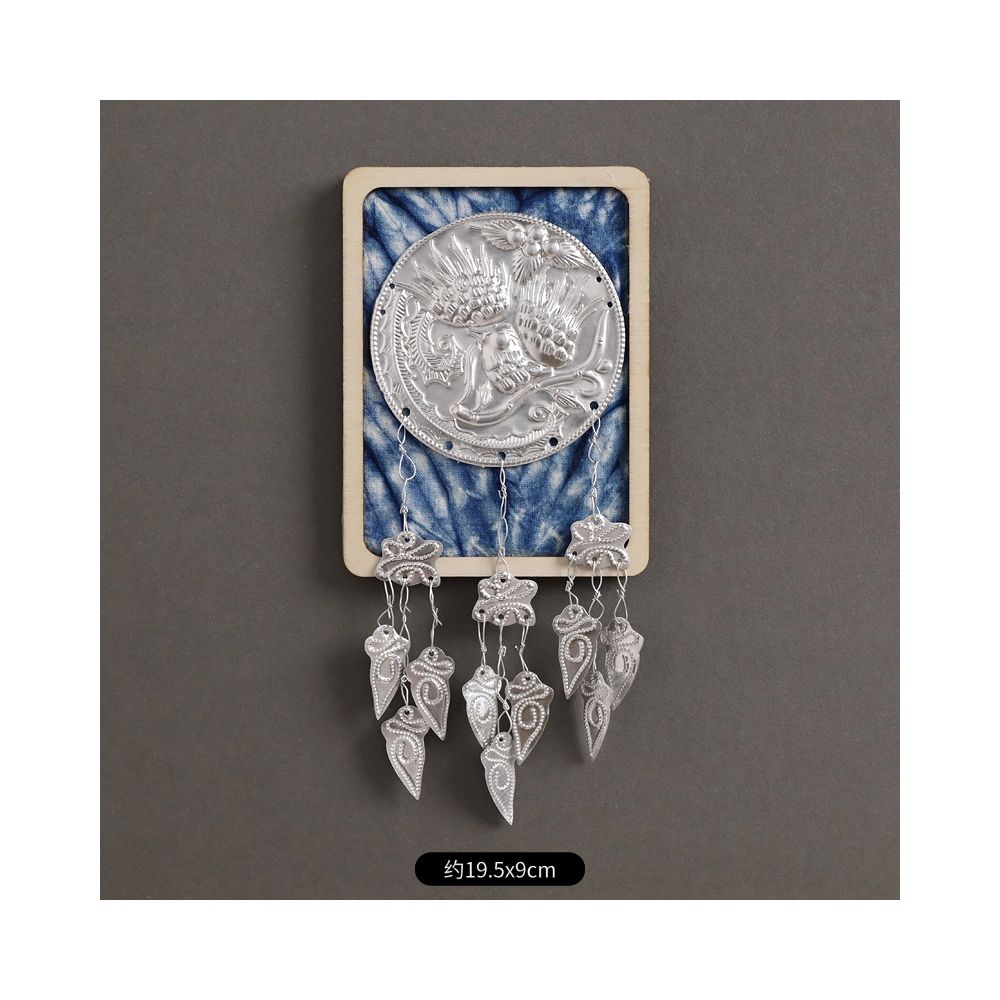 Small square ethnic silver brooch with tassels