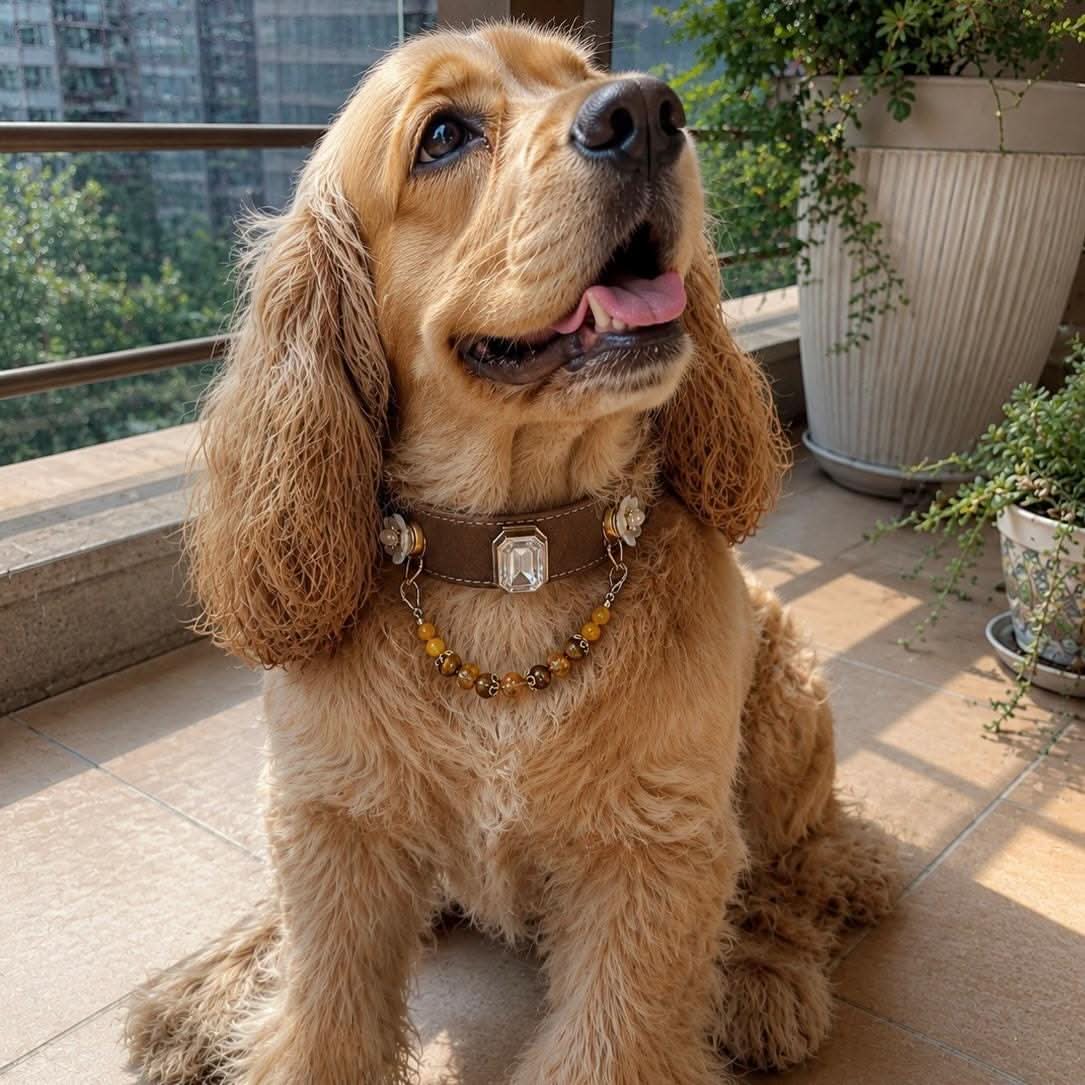 Happy cocker spaniel puppy wearing handmade crystal jade pet collar | DIY Jade