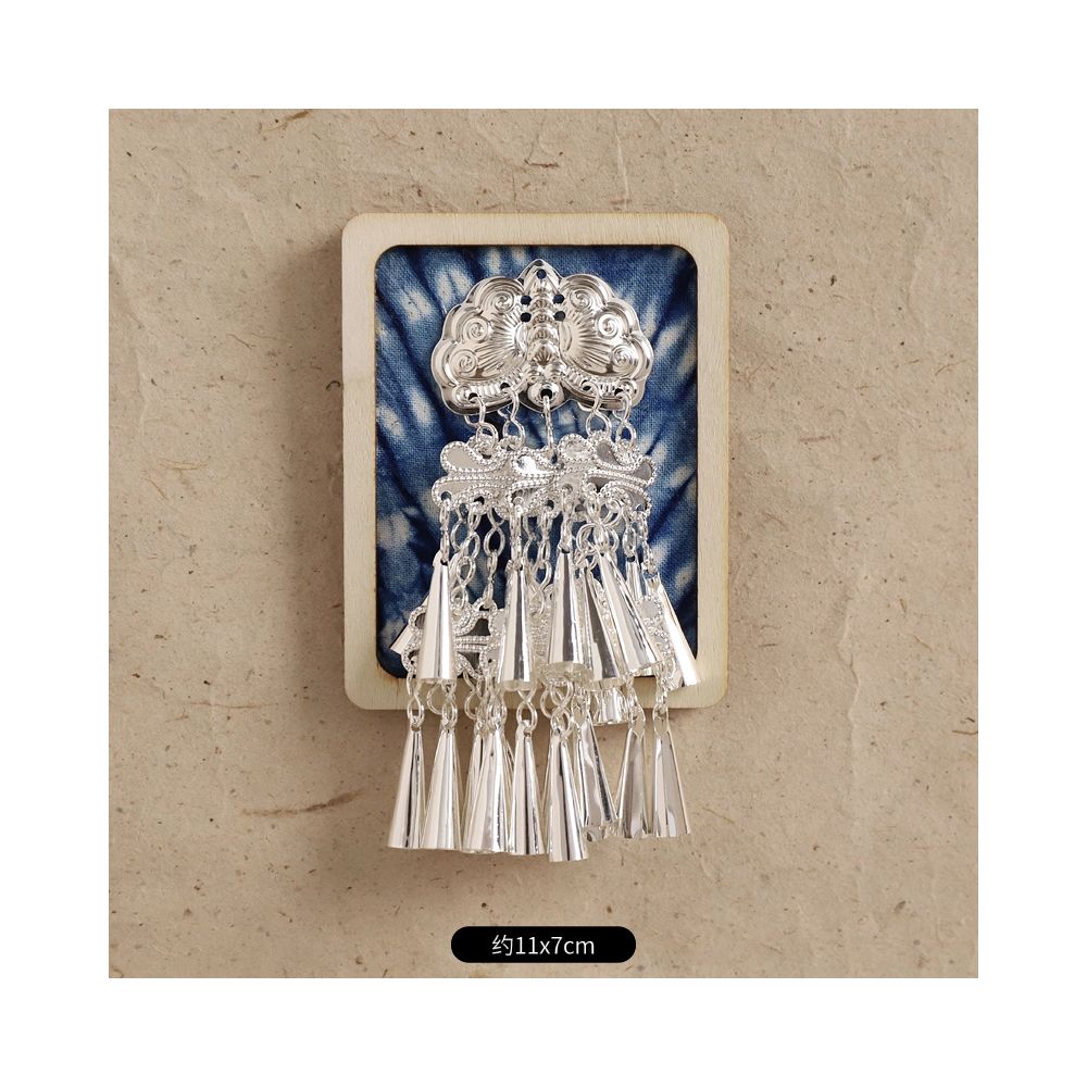 Square blue pattern double tassel brooch