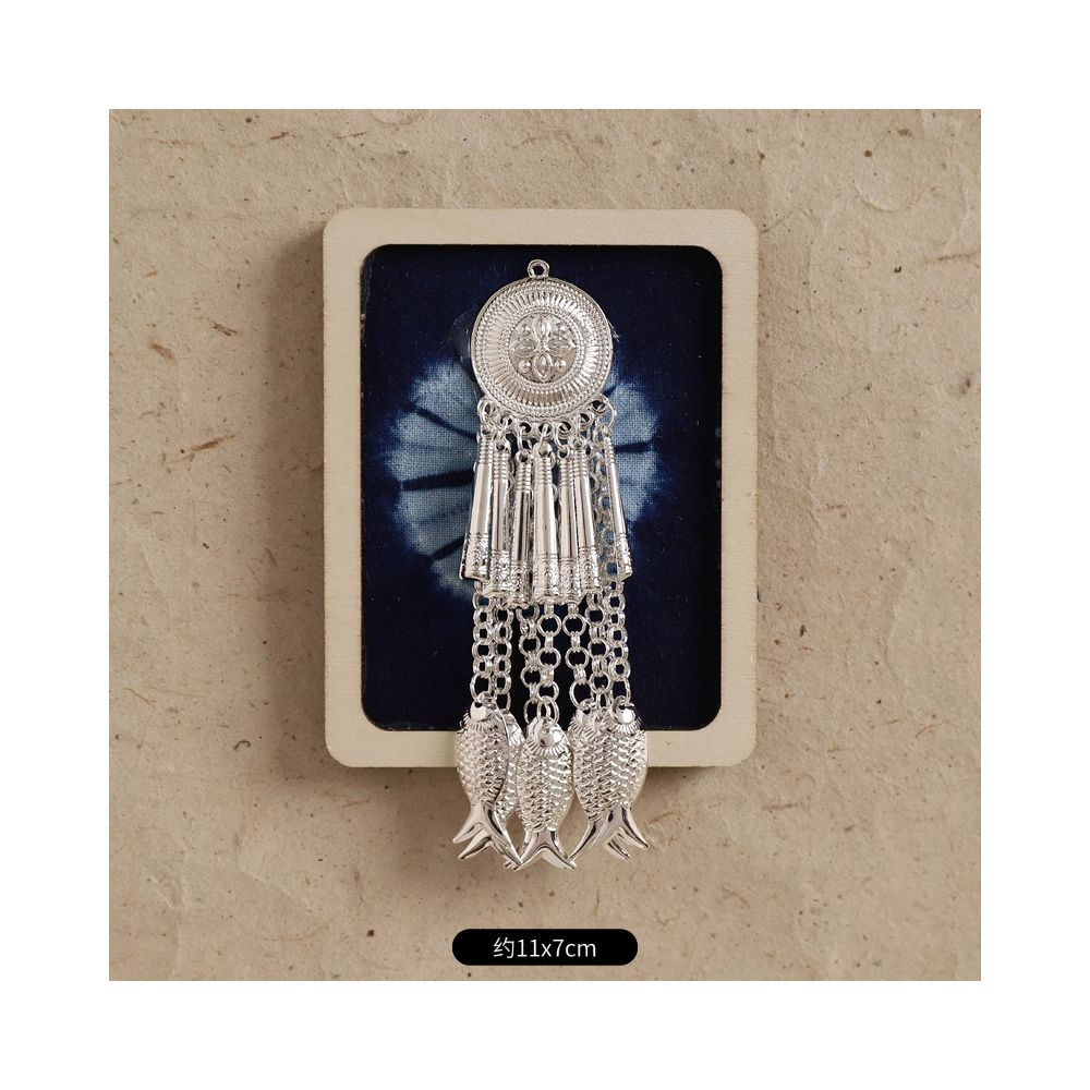 Square blue embroidery silver tassel brooch