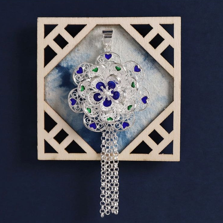 Square hollow lattice fridge magnet, blue Dai embroidery with Miao silver tassels