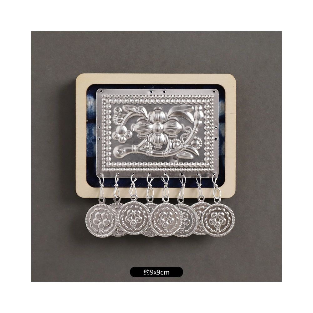 Square silver ethnic brooch tassel detail
