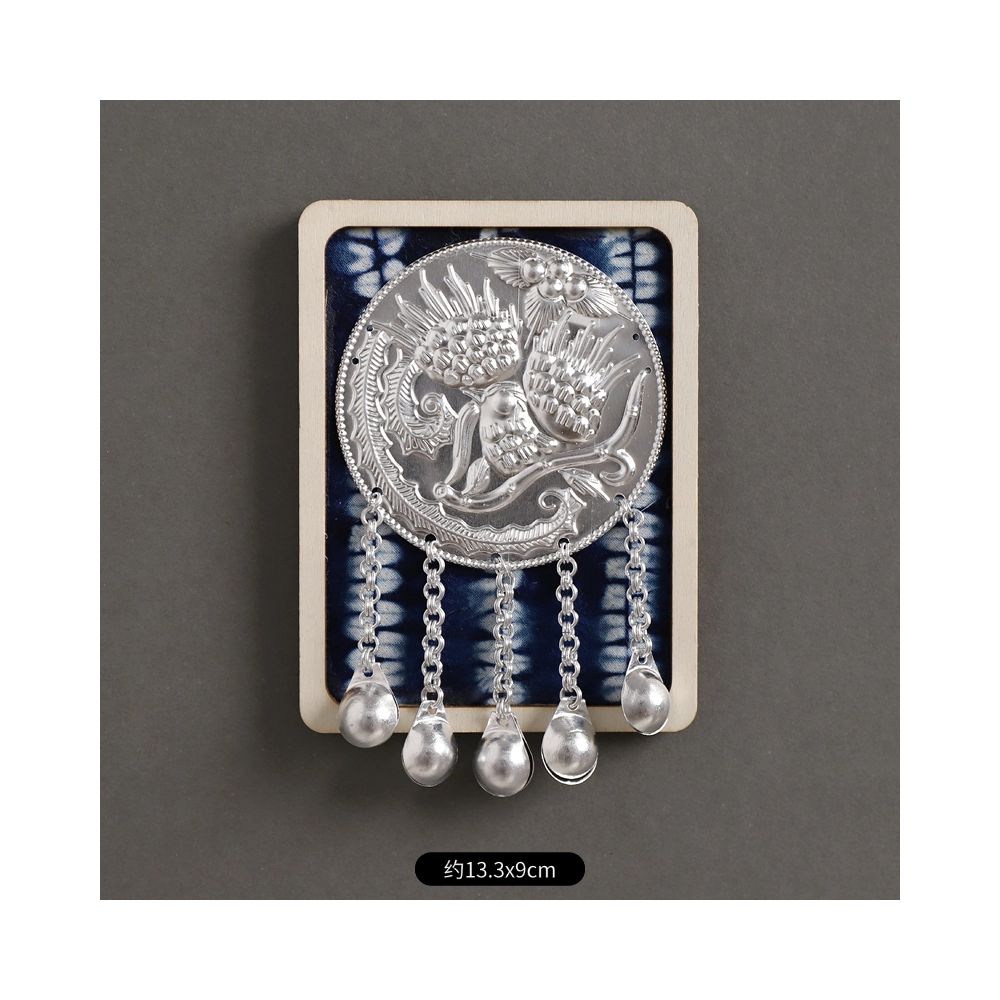 Square ethnic silver brooch with hanging tassels