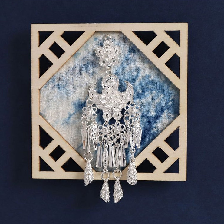 Tilted square hollow fridge magnet, blue brocade, full Miao silver tassel folk decor