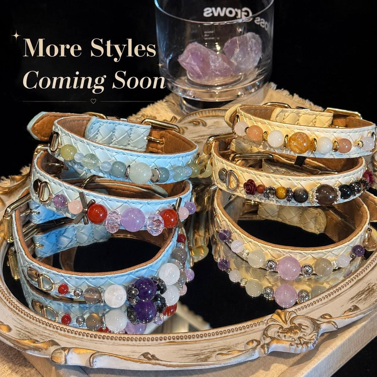 Stacked assorted pastel handmade pet collars "More Styles Coming Soon" promotional image | DIY Jade