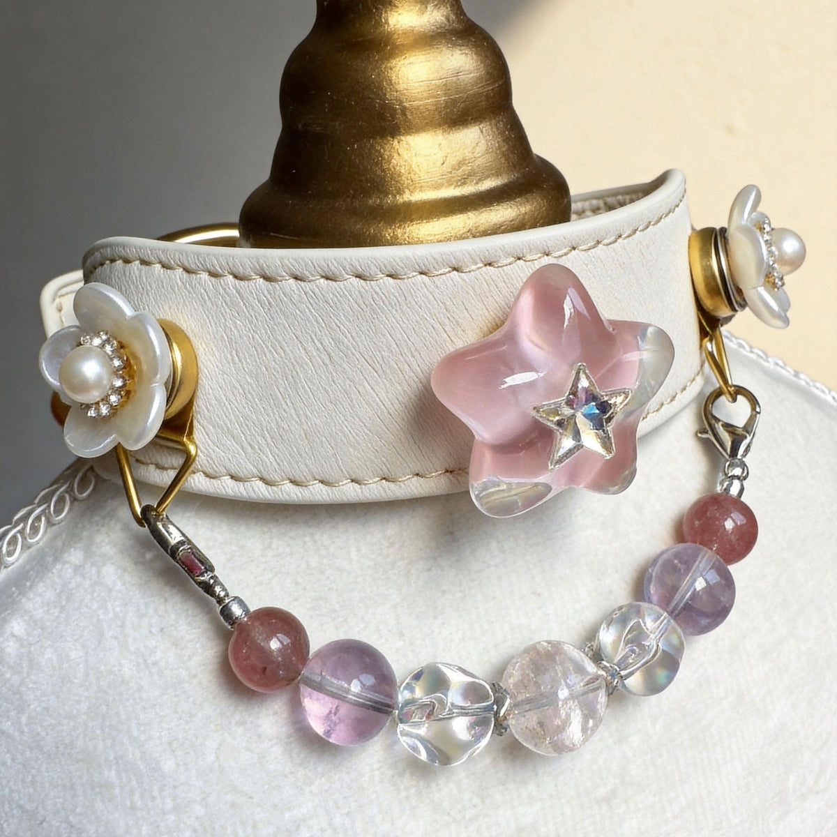 Mannequin bust showcasing white pet collar with star pendant and crystal jade beads | DIY Jade