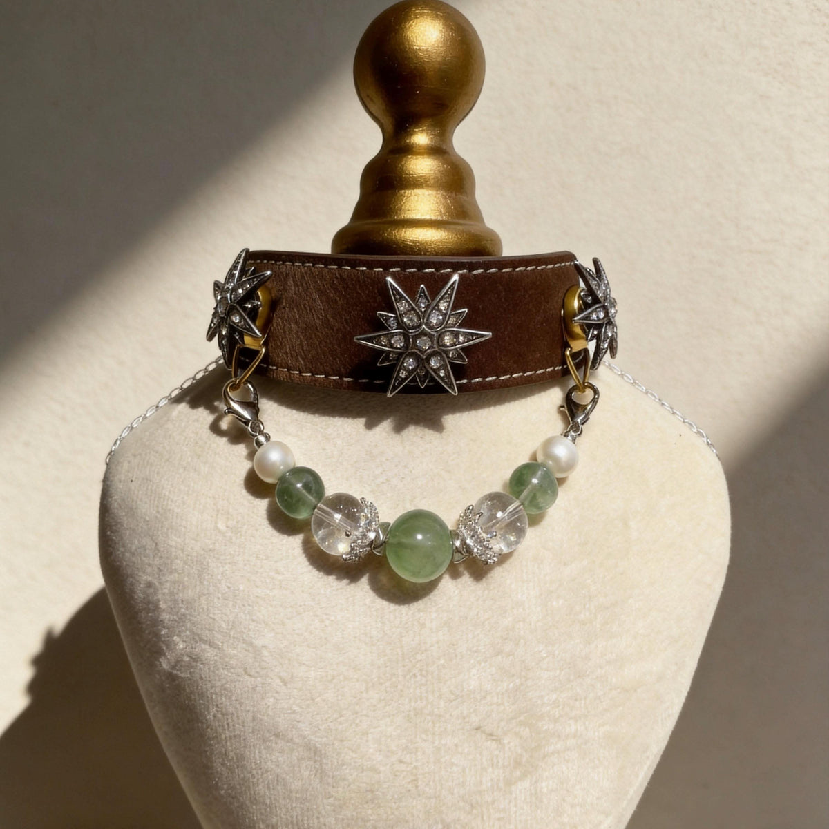 Dark brown star‑ornament pet collar with translucent green stone bead chain | DIY Jade