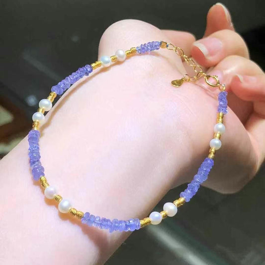 Tanzanite chip and pearl bracelet with gold chain, worn on wrist | DIY Jade