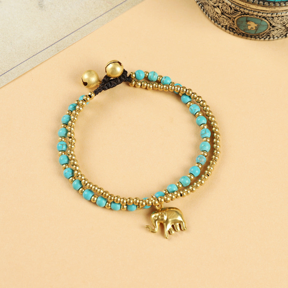 Natural turquoise beaded bracelet with gold elephant charm | DIY Jade