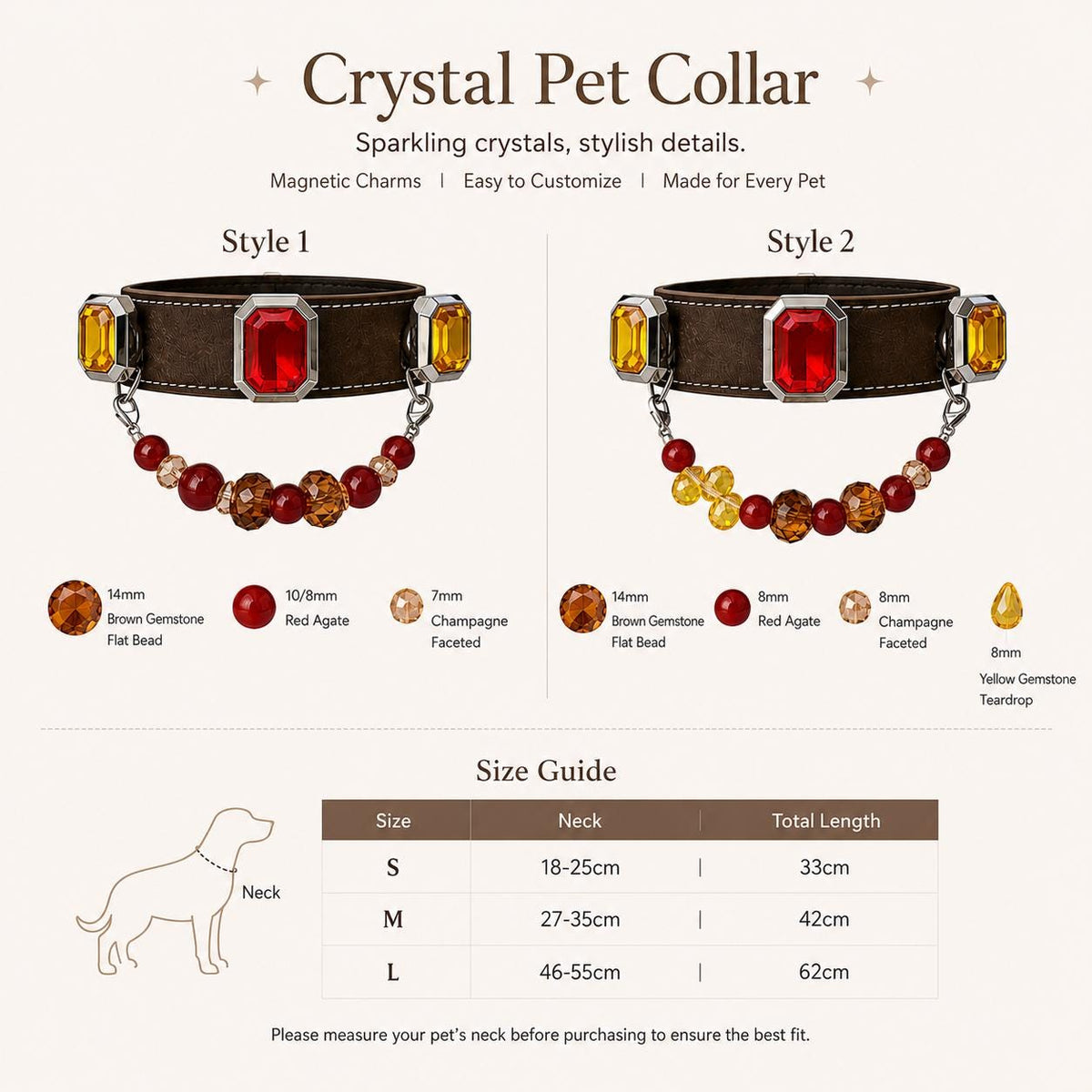 Size comparison chart for two gemstone pet collar styles|DIYJade