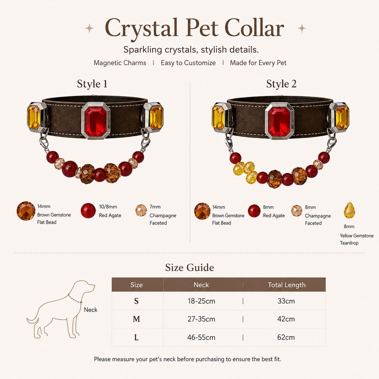 Size comparison chart for two gemstone pet collar styles|DIYJade
