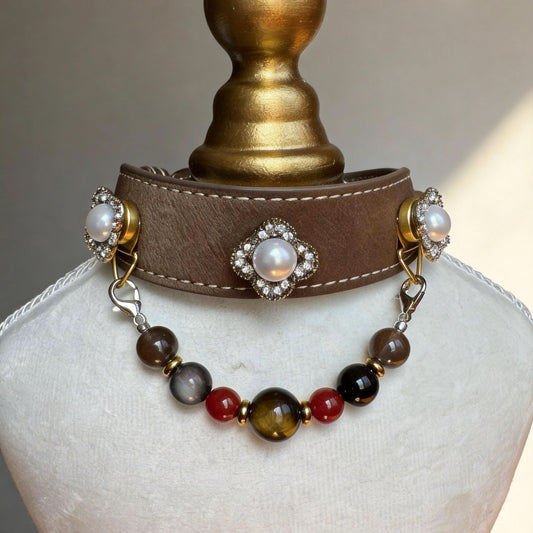 Vintage brown leather pet collar with pearl ornaments and earth tone jade bead chain | DIY Jade