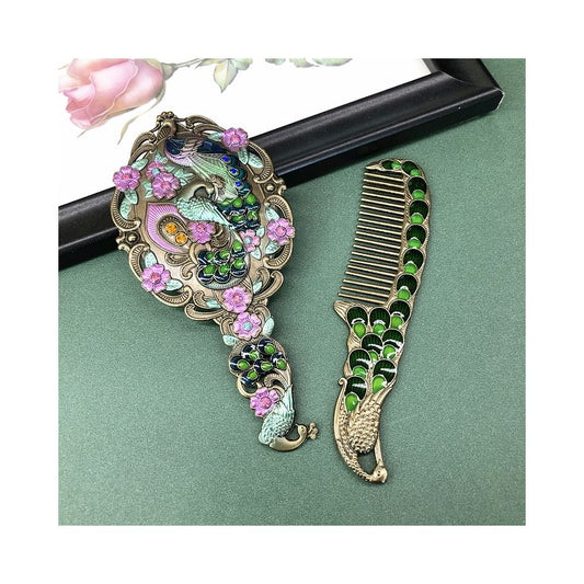 Vintage enamel peacock mirror and comb set