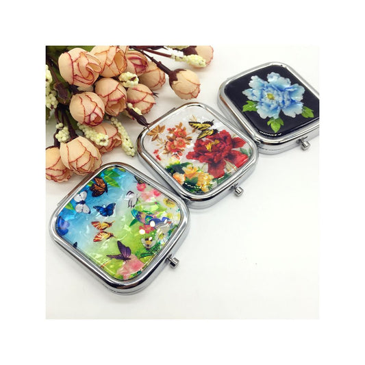 Vintage floral square pill box set with mirror