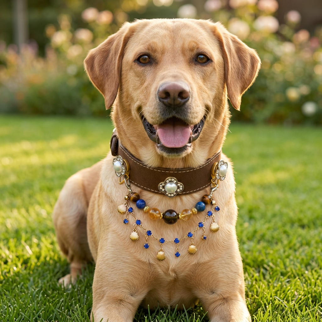Vintage luxury dog collar with pearl rhinestone decor and detachable layered gemstone seashell bead chain, golden retriever lab wearing ornate brown leather pet choker in garden | DIY Jade