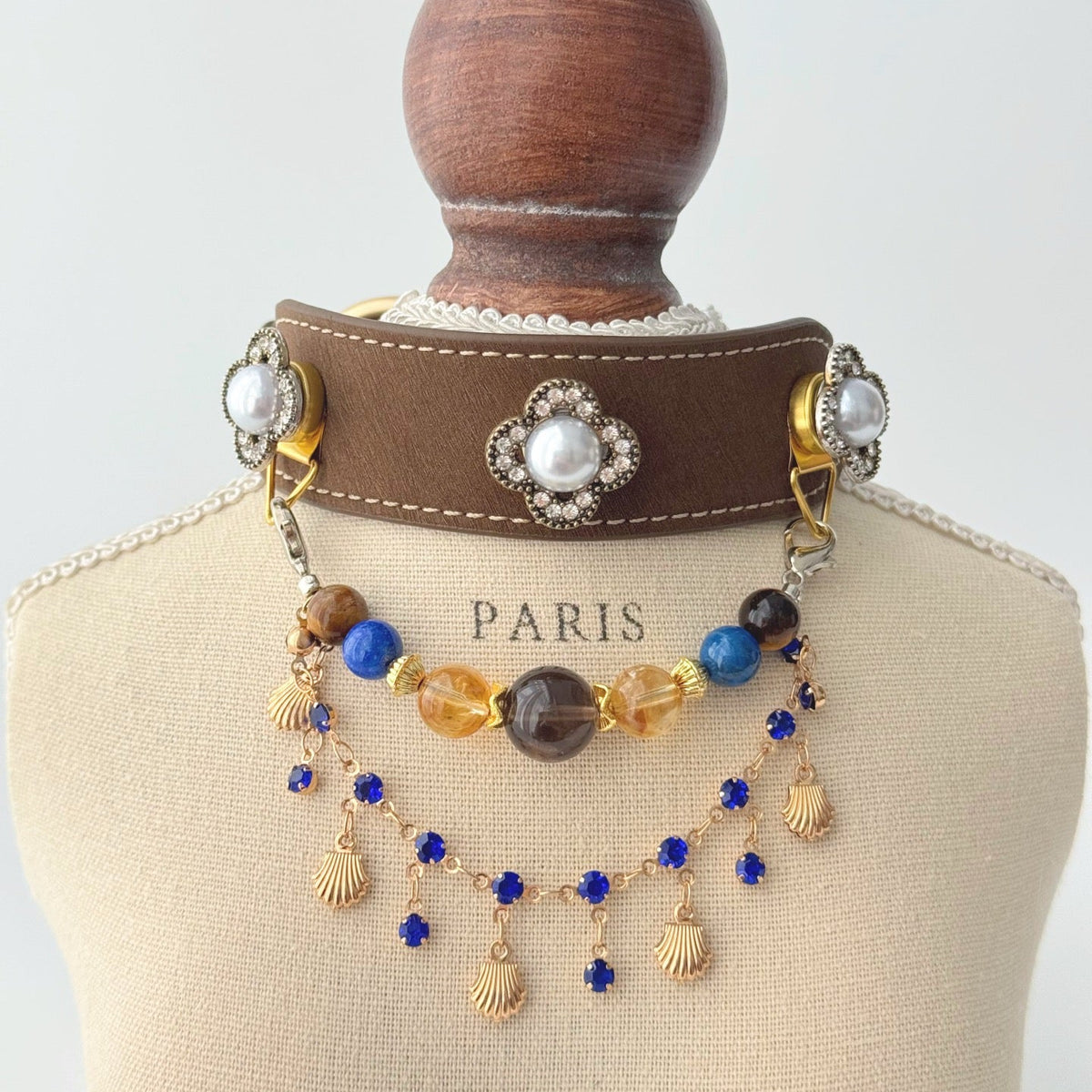 Vintage brown faux leather pet collar with pearl rhinestone decor, detachable layered blue crystal seashell gem bead chain for dog cat photoshoot | DIY Jade