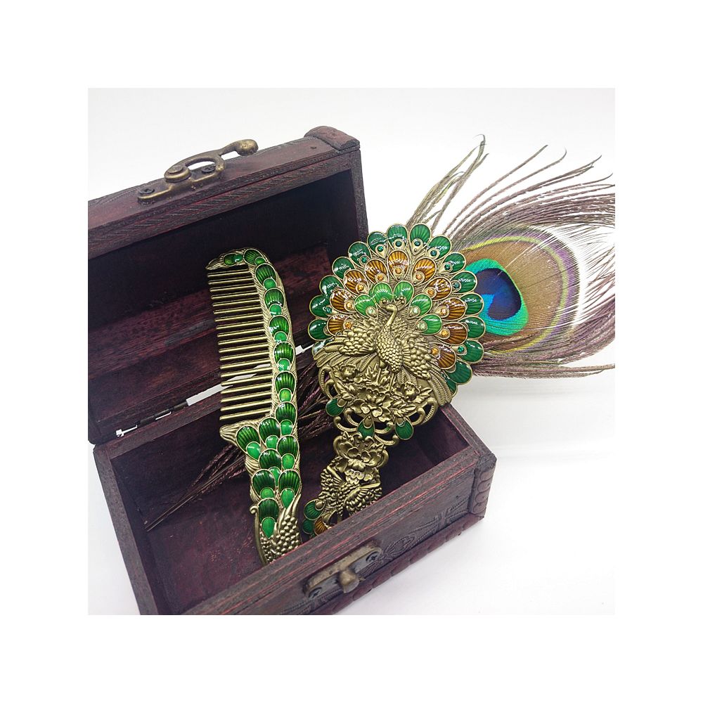 Vintage peacock mirror comb set in wooden box
