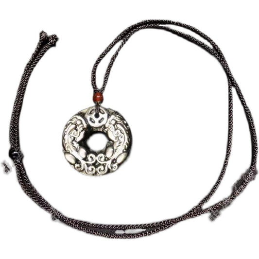 Vintage silver pixiu carved safety buckle pendant with braided brown cord | DIY Jade