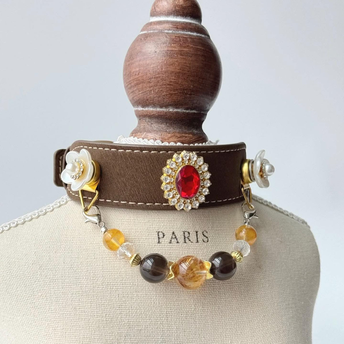 Vintage gem crystal pet collar with floral charm on wooden mannequin bust | DIY Jade