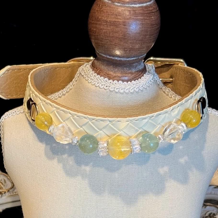 Vintage lace cat collar with yellow gem beads on wooden mannequin bust | DIY Jade