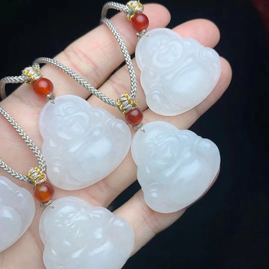 White jade laughing buddha pendants with braided cords and red accent beads | DIY Jade