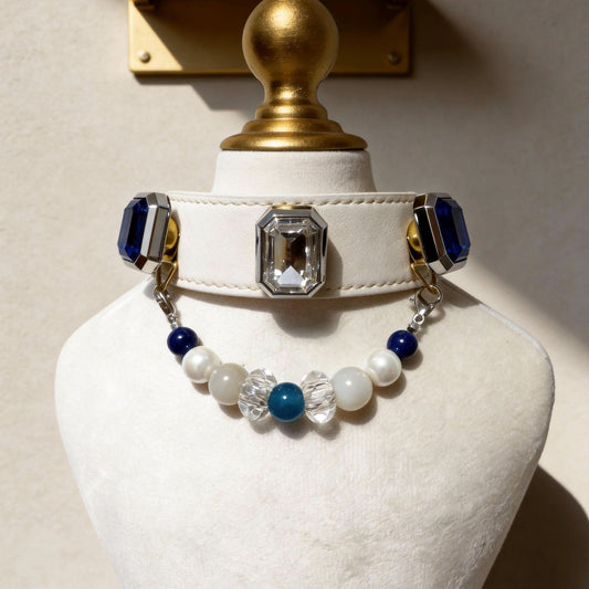 Cream leather pet collar with clear crystal and blue jade bead chain | DIY Jade