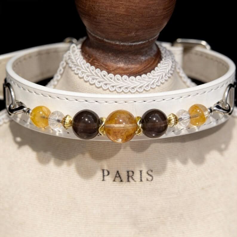 White faux‑leather pet collar with brown yellow crystal beads on display bust | DIY Jade
