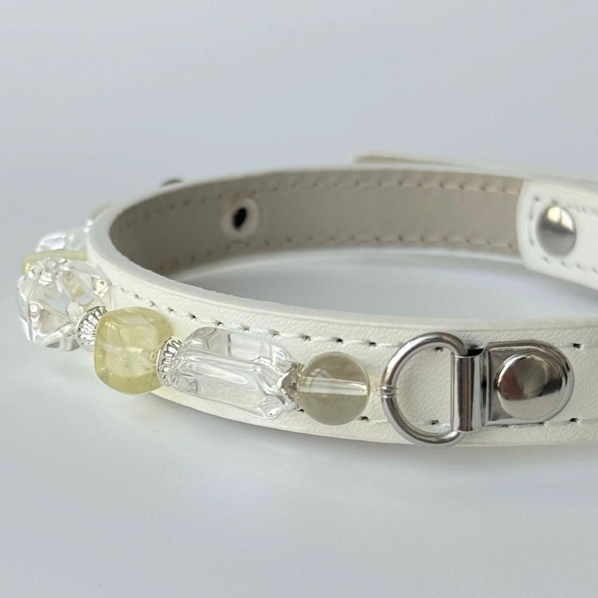 Side closeup view white leather pet collar with pale green crystal bead trim | DIY Jade