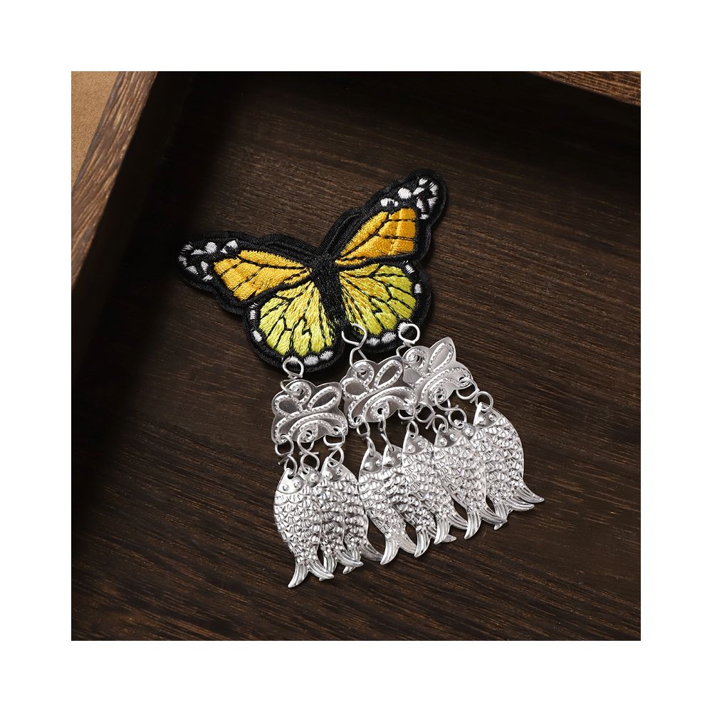 Yellow butterfly earrings with handmade silver fish tassels