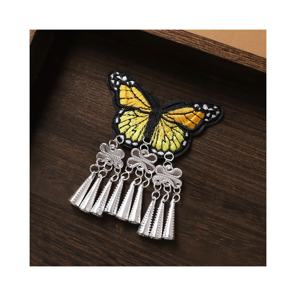 Yellow butterfly earrings with boho silver tassel fringe